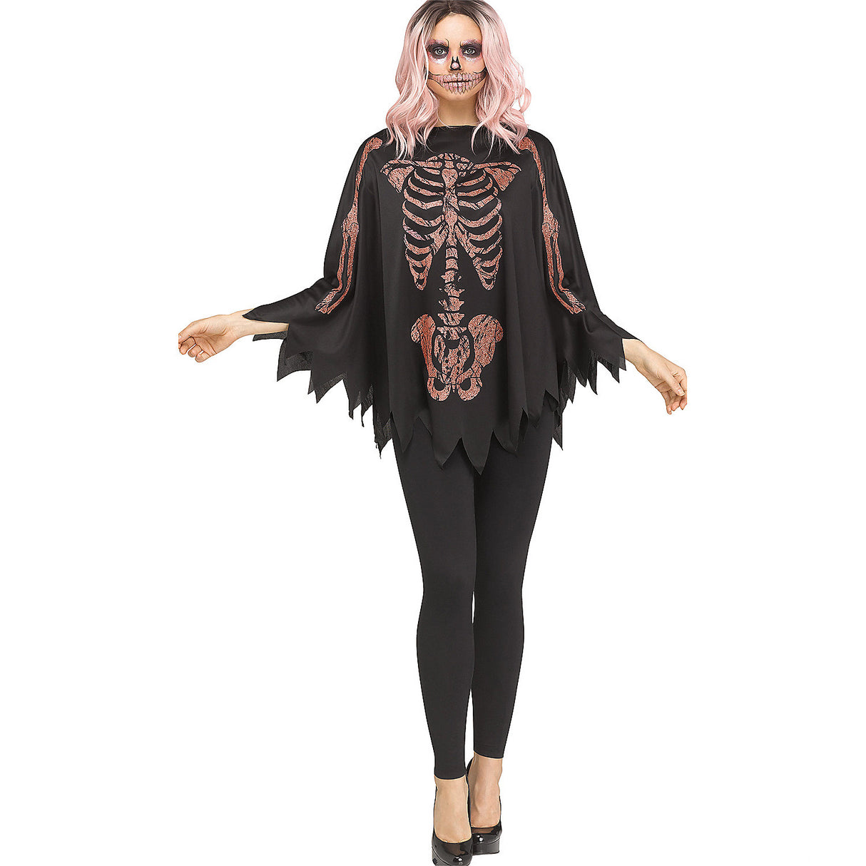 Stylish Poncho Rose Gold Glitter Skeleton Costume for Halloween Theme Parties and Instagram-Worthy Looks