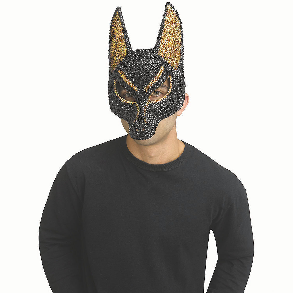 Shimmering Adults Gold Black Rhinestone Bling Anubis Half Mask for Halloween Parties and Egyptian Theme Events