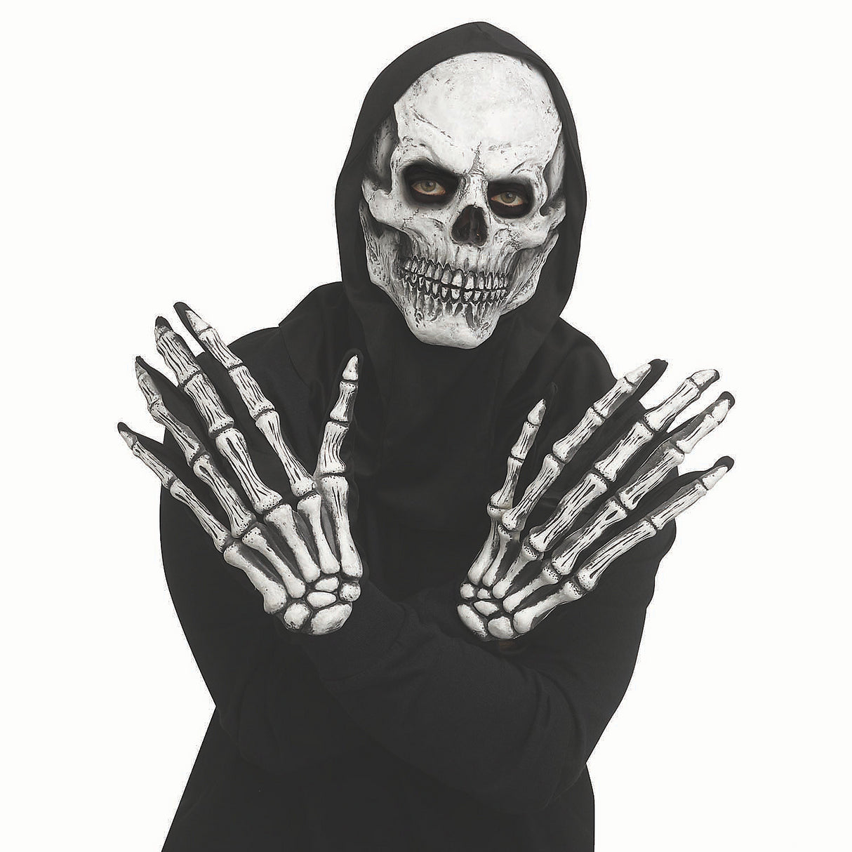 Premium Adults Grey Skull Mask with Hood and Long Fingered Gloves for Halloween Costume Parties and Scary Events