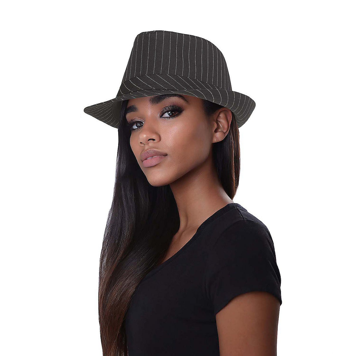 Stylish Adults Black White Pinstripe Fedora Hat for Gangster Costume Events and Dance Parties