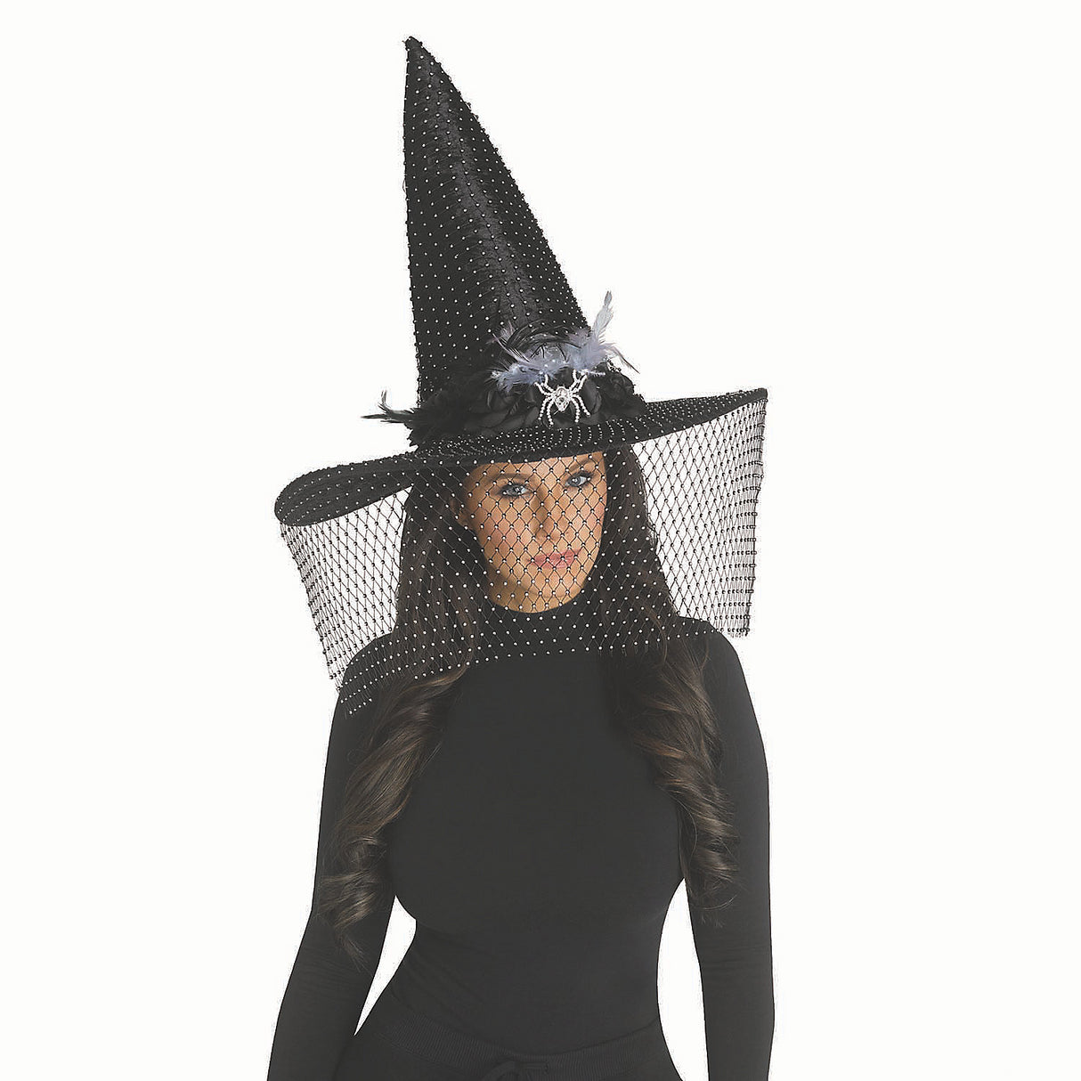 Elegant Black Polyester Witch Hat with Feathers and Spider Bling for Halloween Costume Parties and Spooky Events