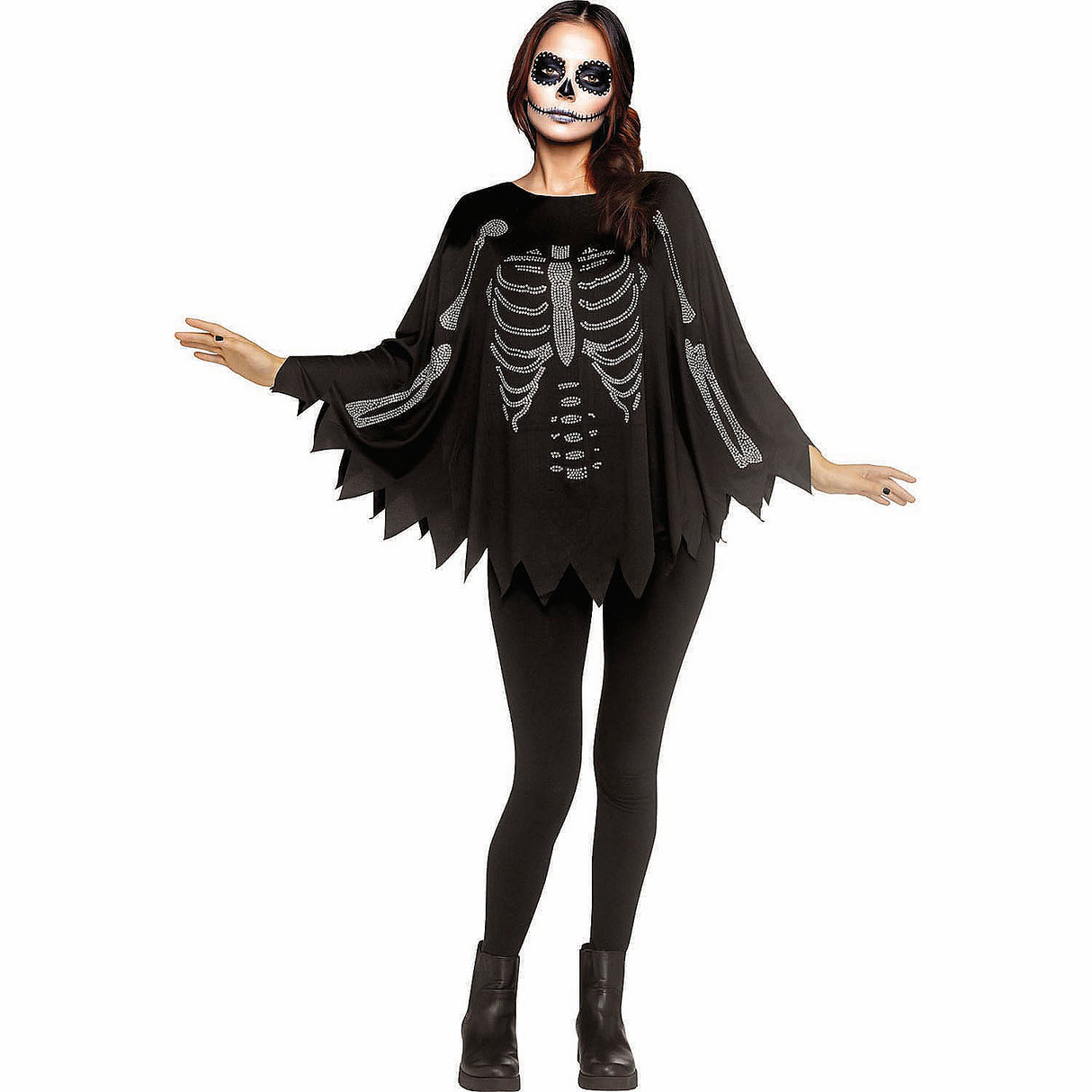 Adults Rhinestone Bling Skeleton Black Poncho Costume for Halloween Parties and Spooky Celebrations