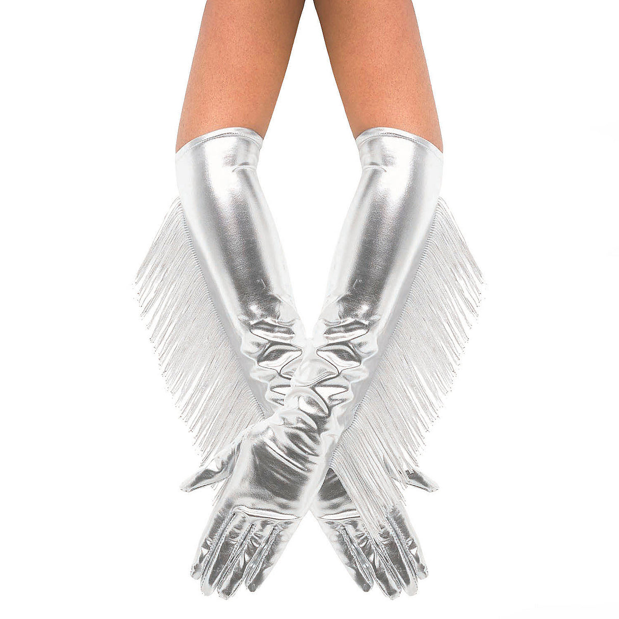 Sparkly Metallic Silver Fringe Long Gloves for Costume Parties and Celebrity Themed Events