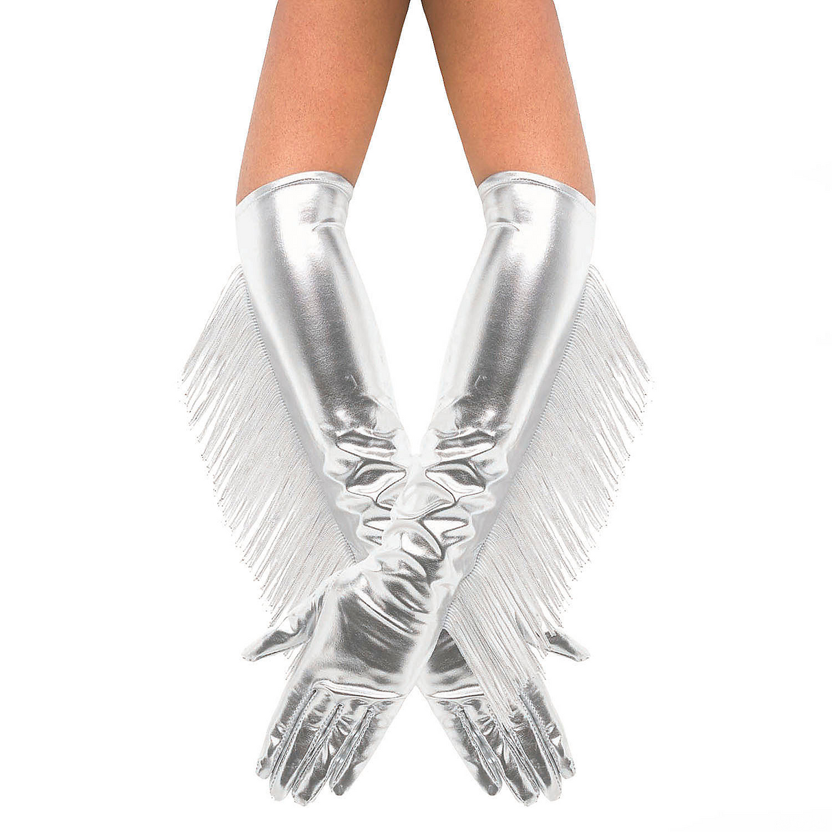 Adults Metallic Silver Fringe Long Gloves Costume Accessory