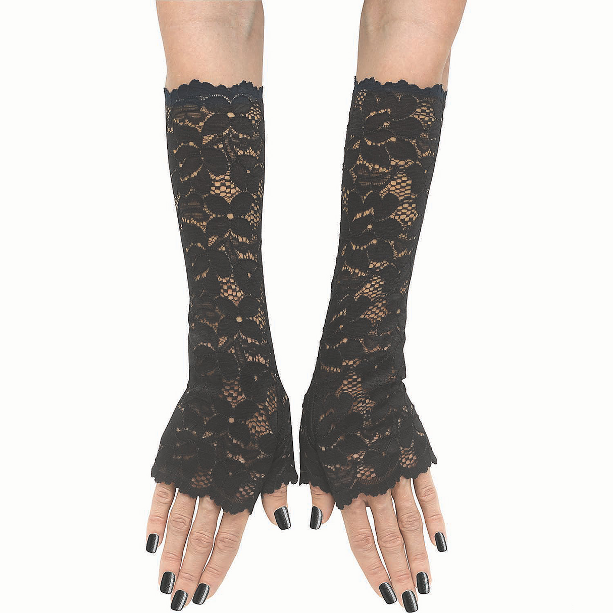 Adults Black Stretch Lace Long Fingerless Sleevelets Costume Accessory