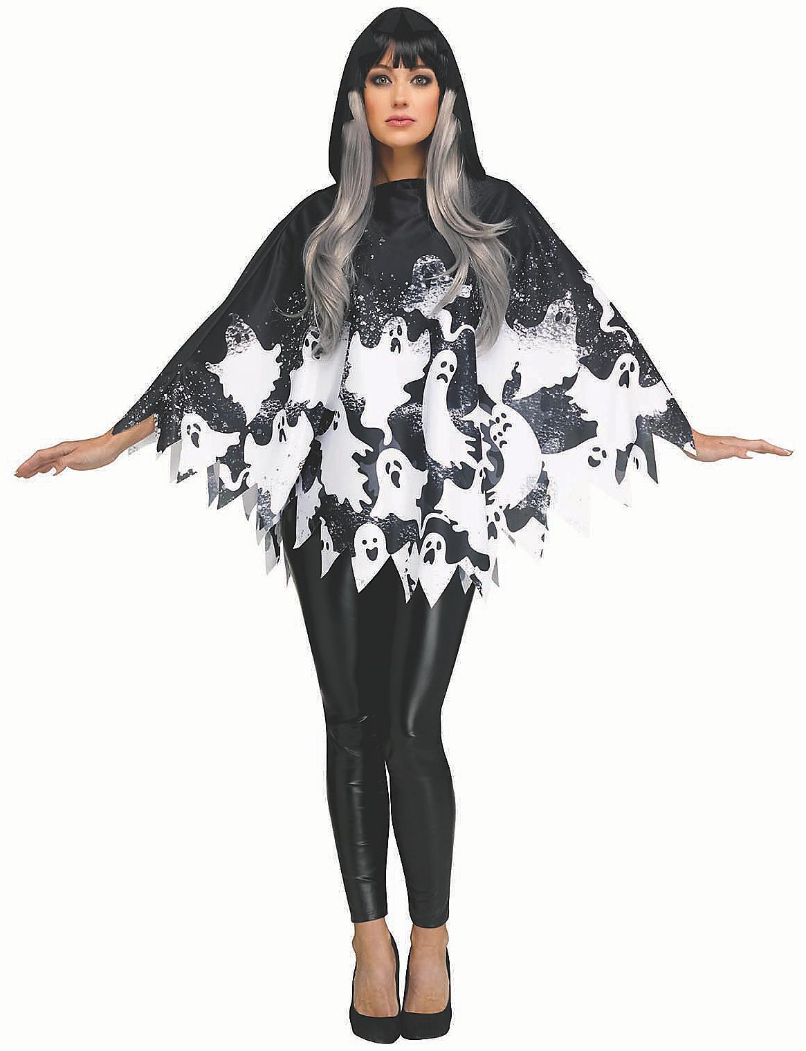 Adults Black & White Polyester Classic Ghost Poncho Costume Accessory