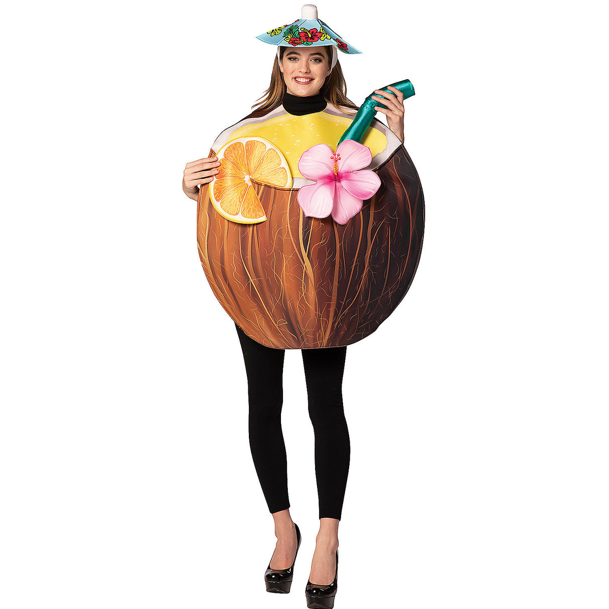 Coconut Cocktail Drink Adult Costume for Halloween Parties and Tropical Themed Celebrations