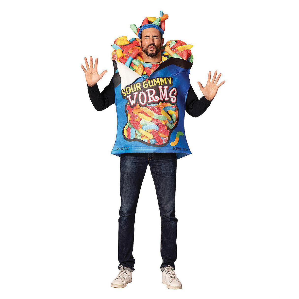 Fun Sour Gummy Worms Adult Costume for Halloween Parties and Humorous Group Celebrations