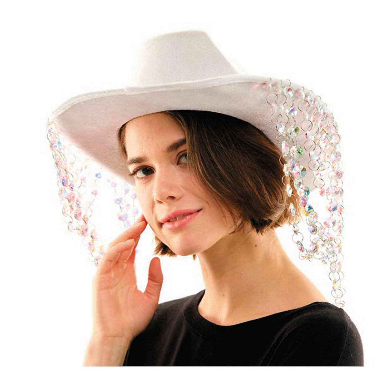 Premium Adults White Cowboy Hat with Iridescent Beaded Fringe for Festivals Parties and Theme Events