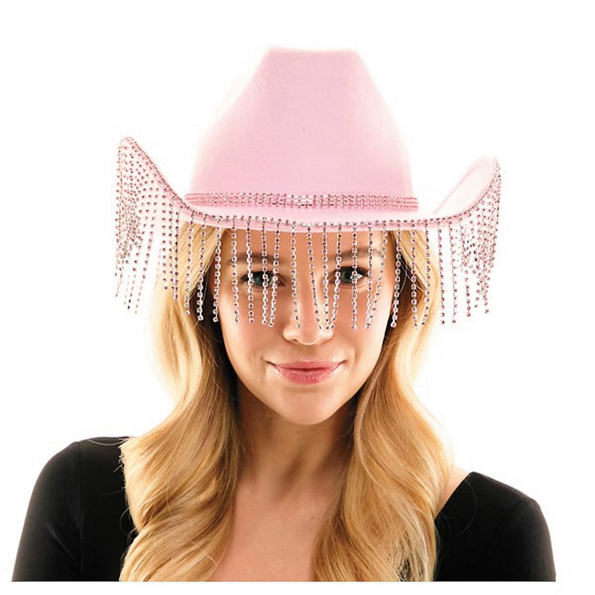 Stylish Adults Pink Cowboy Hat with Rhinestone Fringe for Parties Events and Festive Occasions