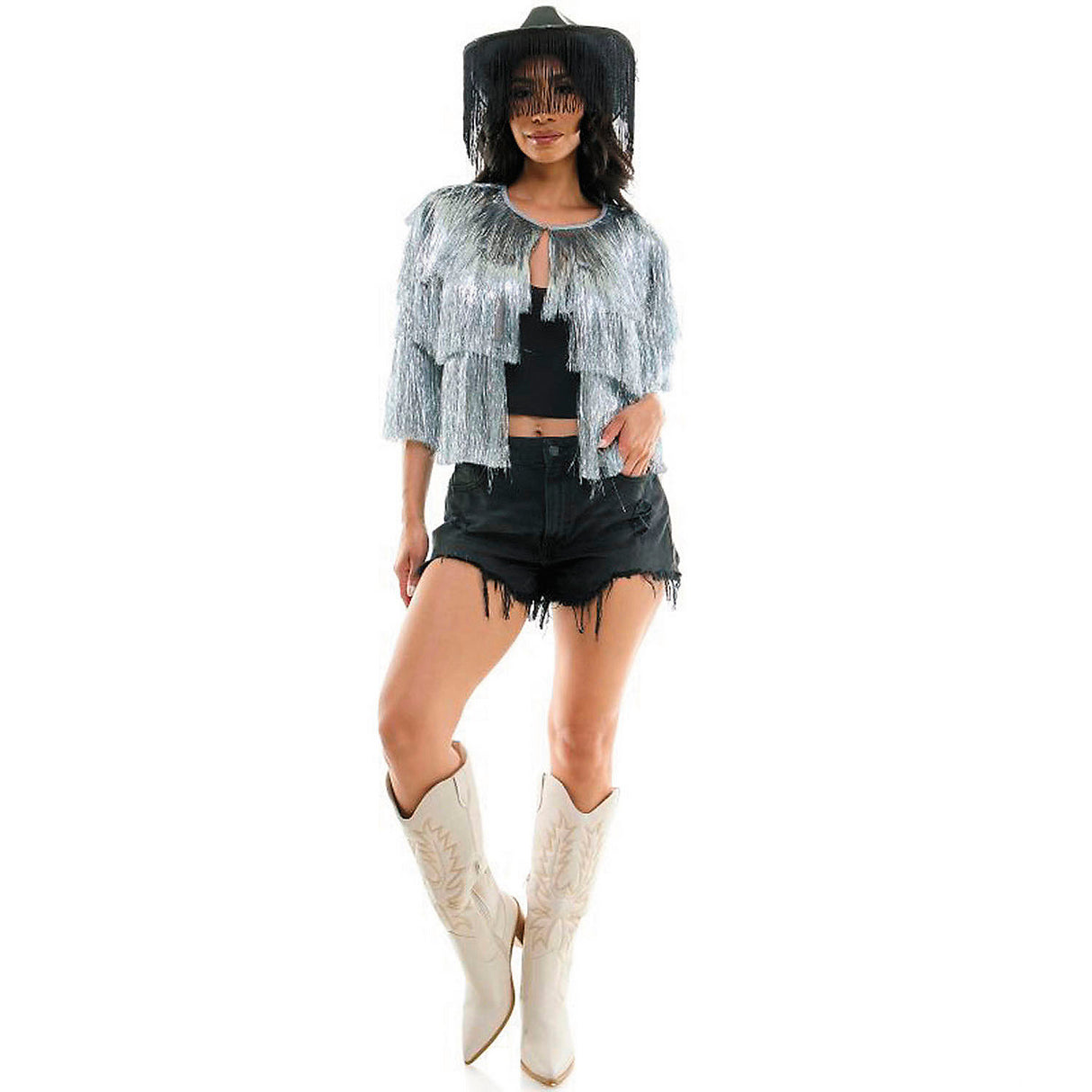 Sparkly Silver Tinsel Fringe Tie Front Shirt Costume for Halloween Parties and Disco Themes