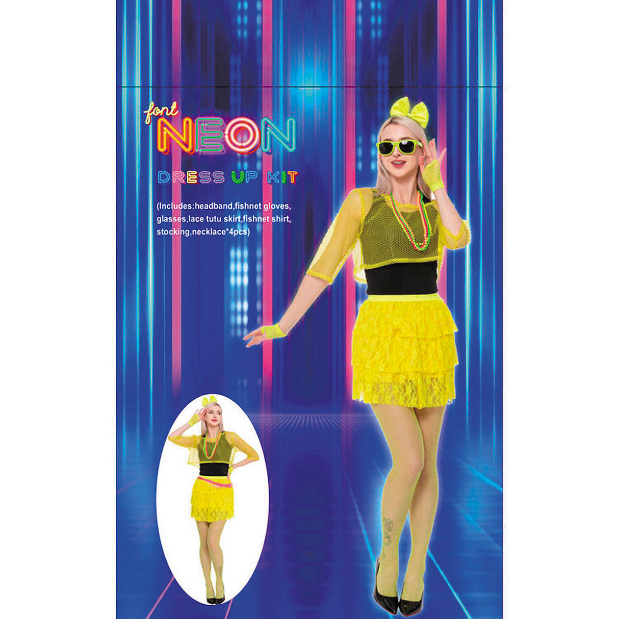 Complete Adults Neon Yellow 80's Costume Accessory Kit for Halloween Parties and 1980s-Themed Events