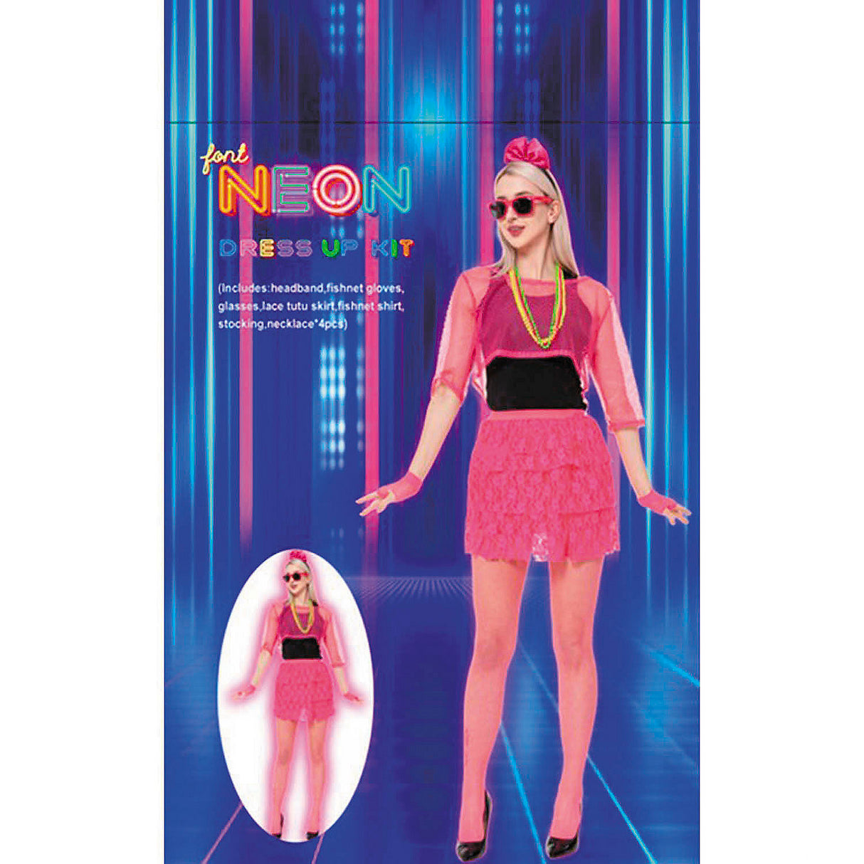 Neon Pink 80's Outfit Costume Accessory Kit for Halloween Parties Themed Events and Retro Celebrations
