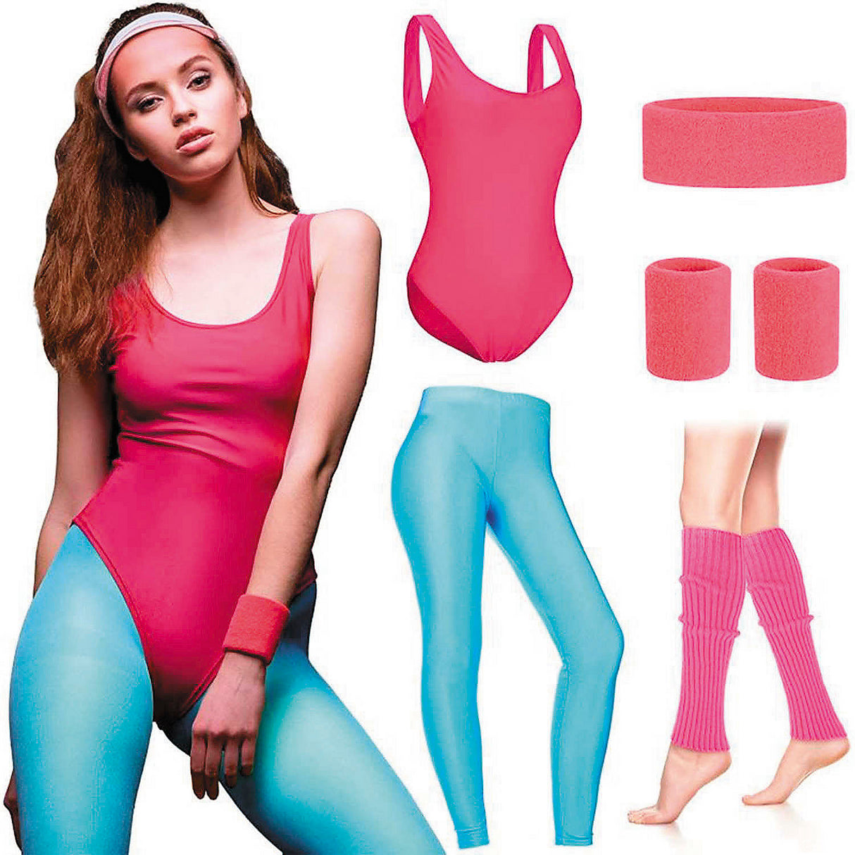 Retro 80's Pink and Blue Workout Costume for Themed Parties and Fitness Events