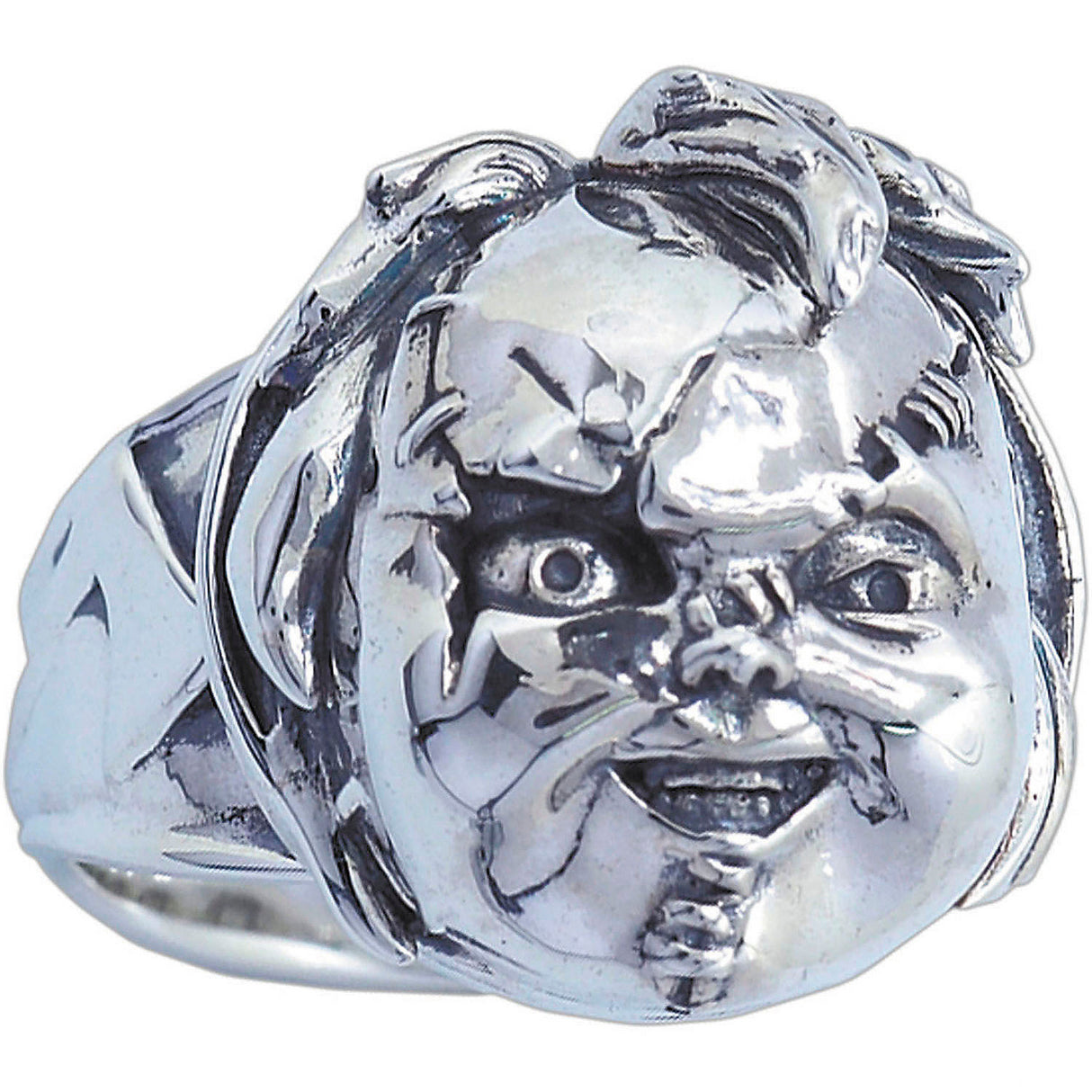 Scarred Chucky Face Plated Brass Ring for Halloween Costume Collectibles and Spooky Gifts