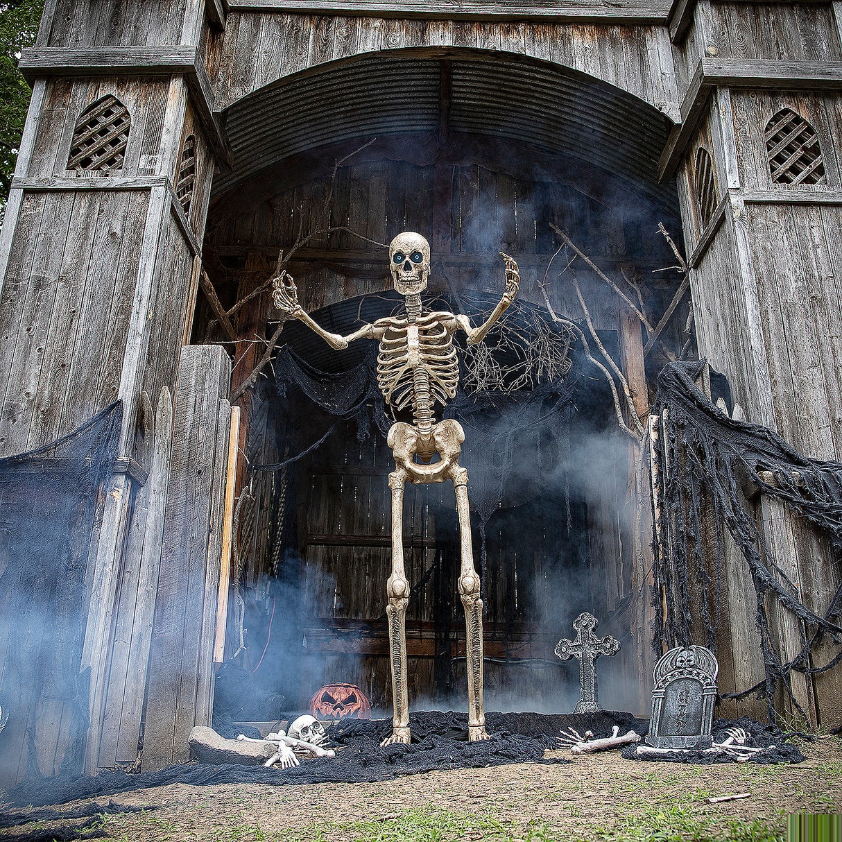 8-Foot Towering Skeleton with Projection Eye for Halloween Decor and Scary Themed Parties