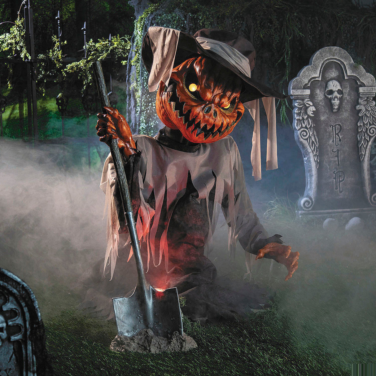 3 Ft Animated Light-Up Pumpkin Head Scarecrow for Halloween Parties and Scary Home Decorations