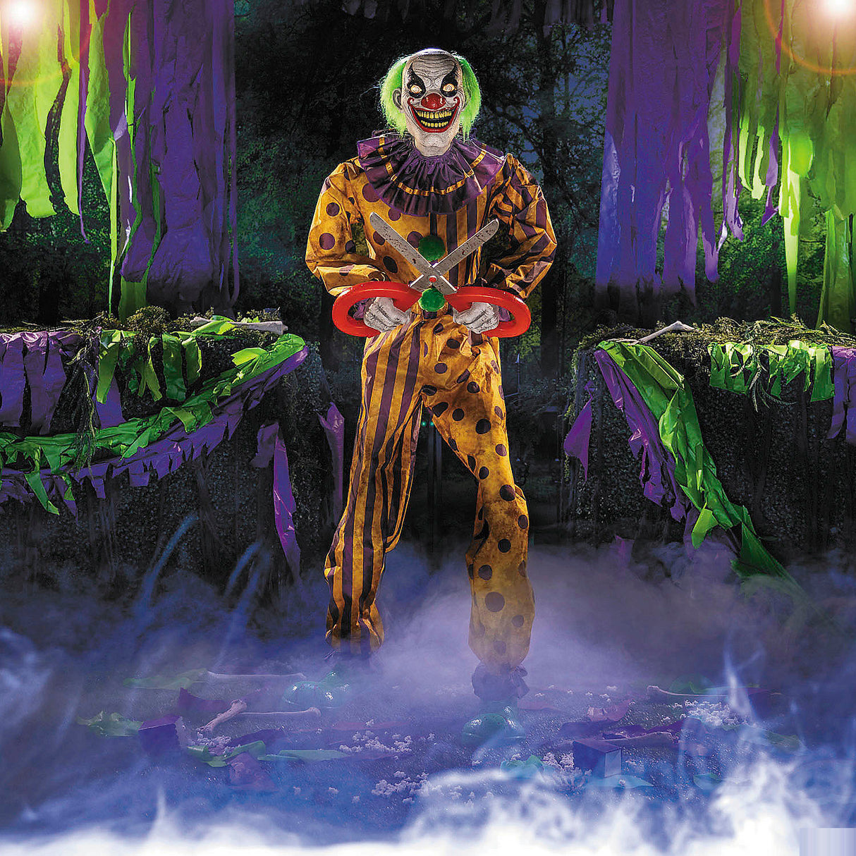 Animated Light-Up Yellow and Black Snippers the Clown Halloween Decoration for Spooky Parties and Haunted Events