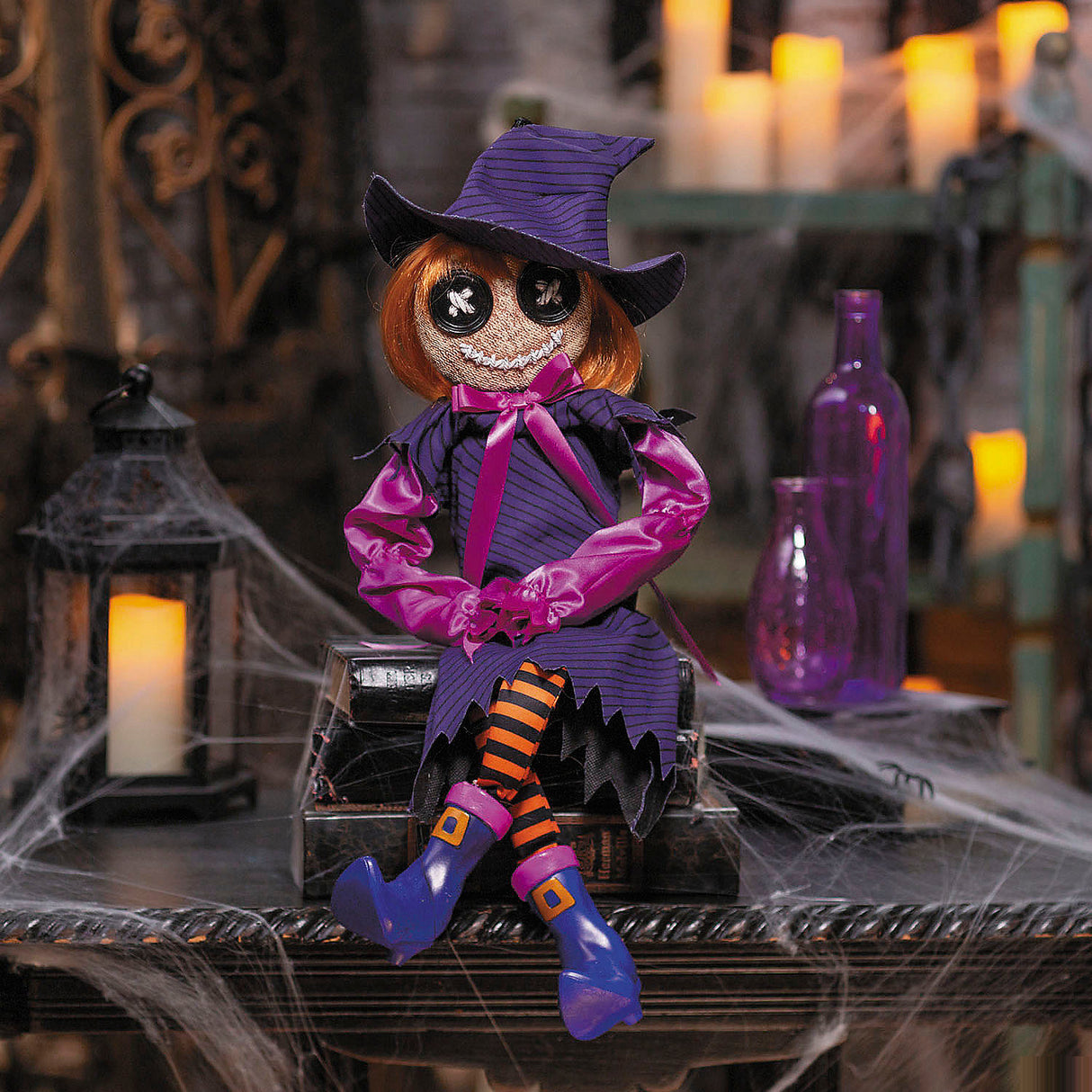 Charming 2 Ft Hanging Black and Purple Witch Doll for Halloween Indoor Decor