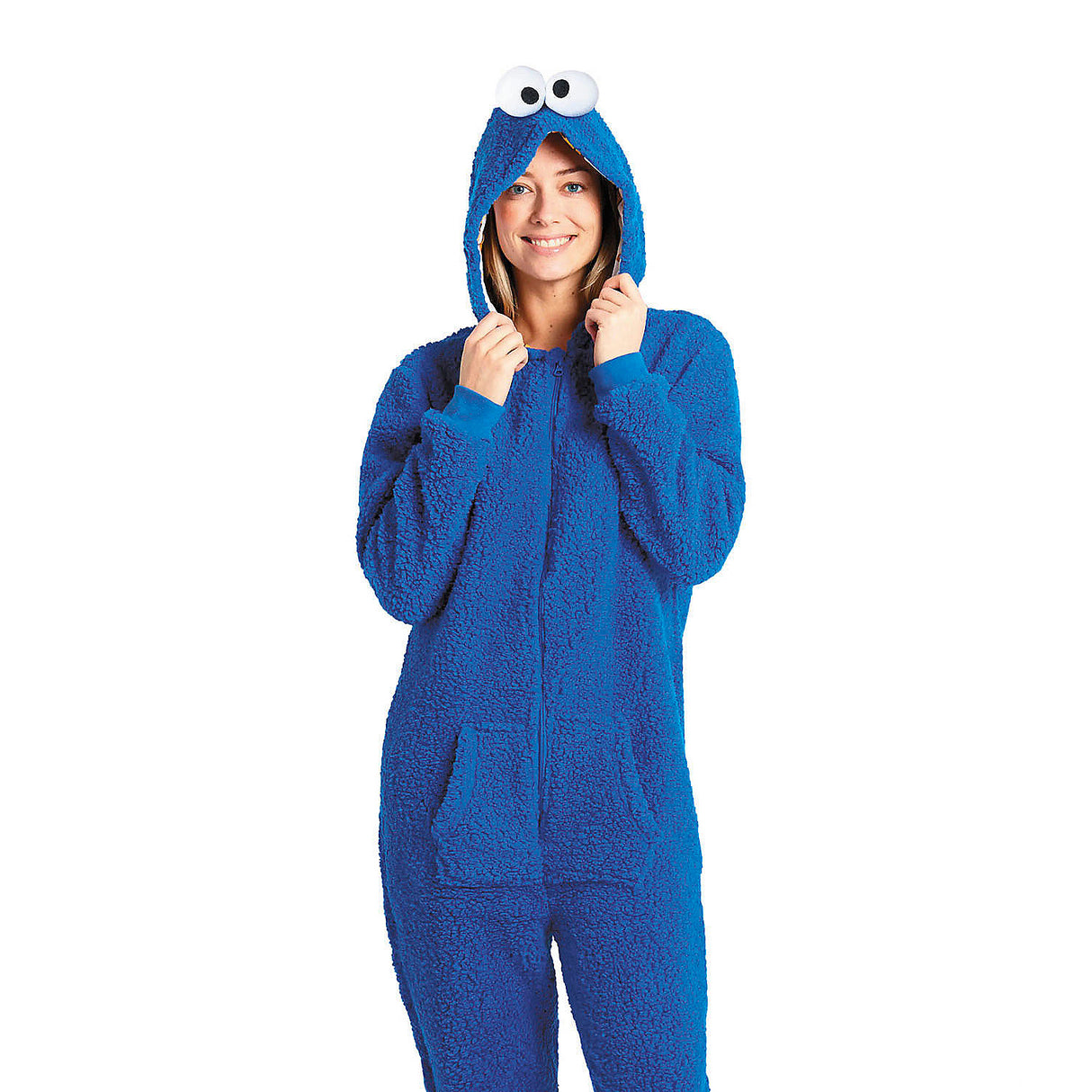 Comfortable Adults Sesame Street Cookie Monster Hooded Onesie Costume for Halloween Parties and Fun Costume Events