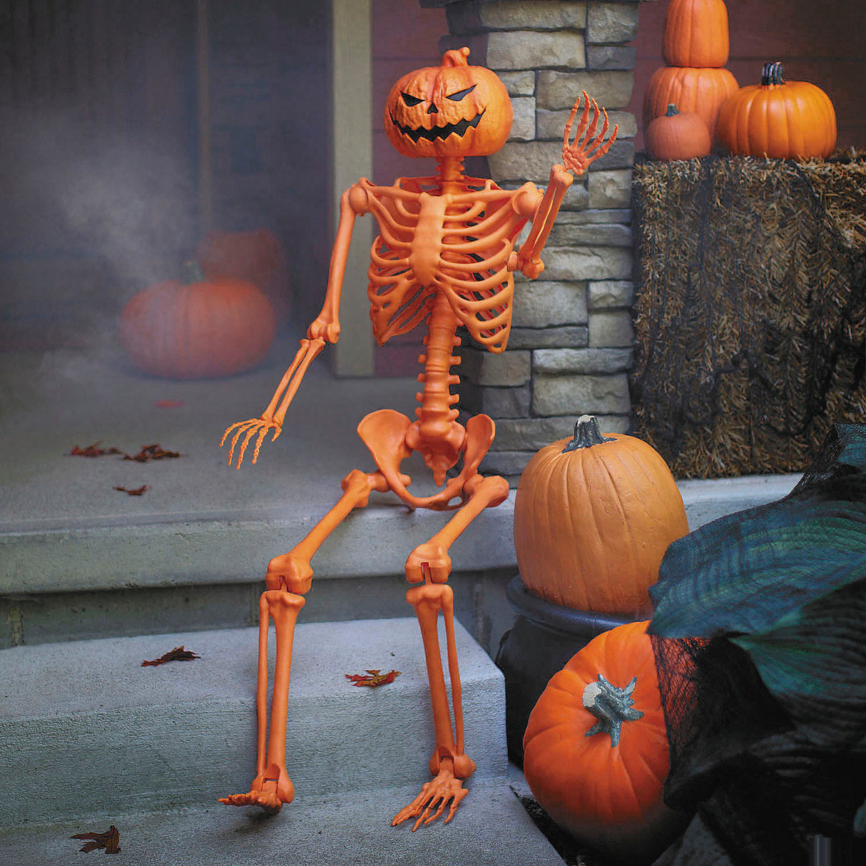 5 Ft Posable Orange Pumpkinhead Skeleton for Halloween Displays Parties and Haunted Houses