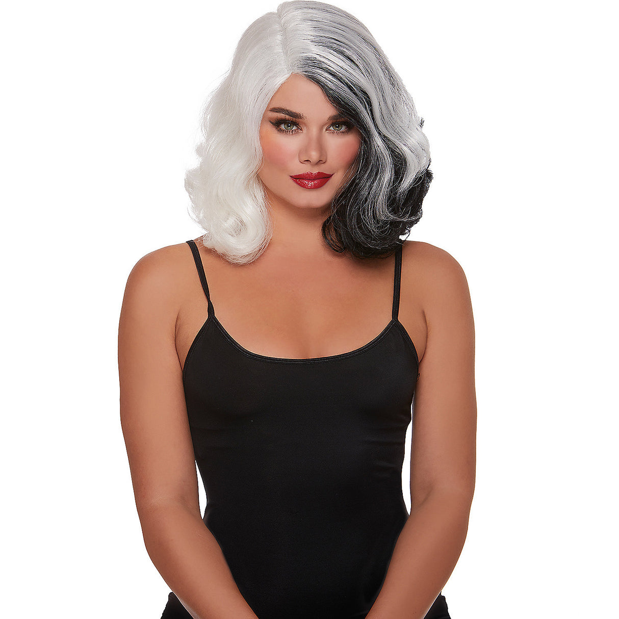Stylish Split Hues Glam Wig in Black and White for Themed Costume Parties and Creative Dress-Up