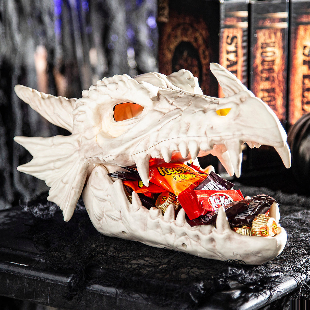 Unique Light-Up Dragon Skull Candy Bowl for Halloween Parties Themed Gatherings and Festive Occasions