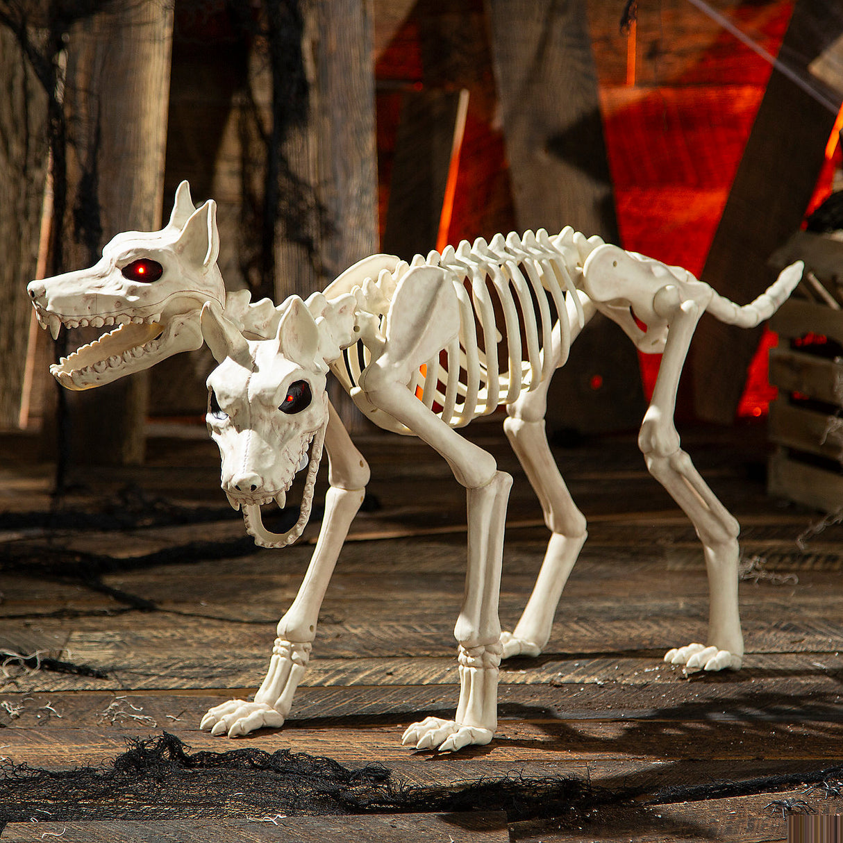 Spooky Animated Two-Headed Doberman Dog Skeleton for Halloween Haunted House Decor