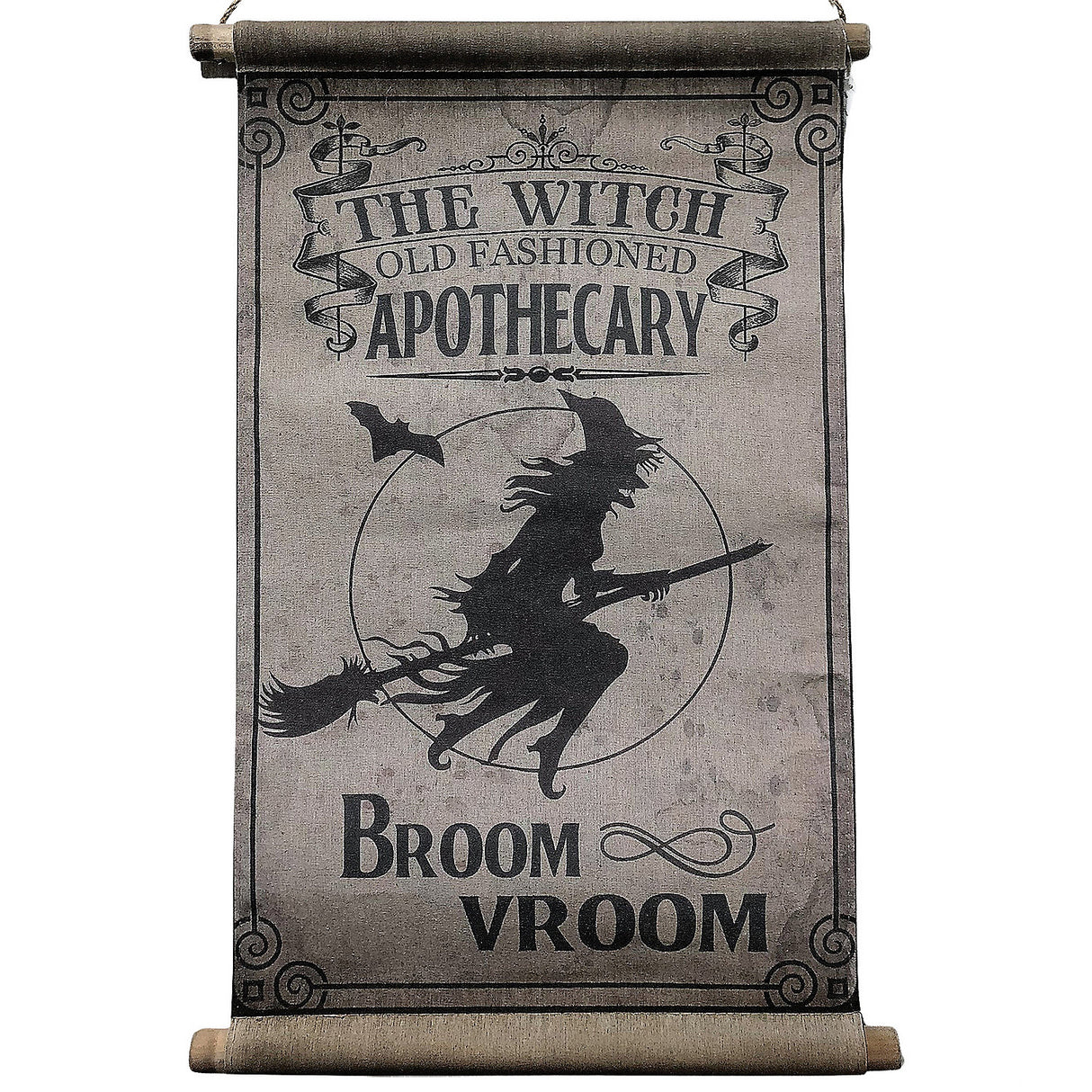 Vintage Broom Vroom Canvas Hanging Sign for Halloween Decor and Spooky Themed Events