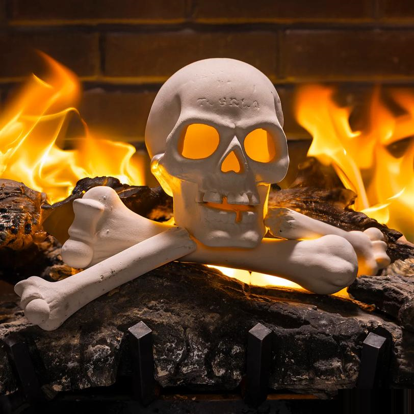 11" Ceramic Skull & Bones Fire Log Halloween Decoration