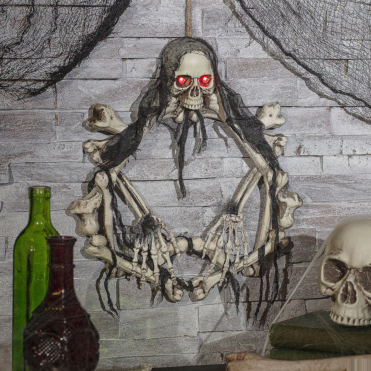 Creepy Light Up Skeleton Wreath for Halloween Parties and Haunted Decorations
