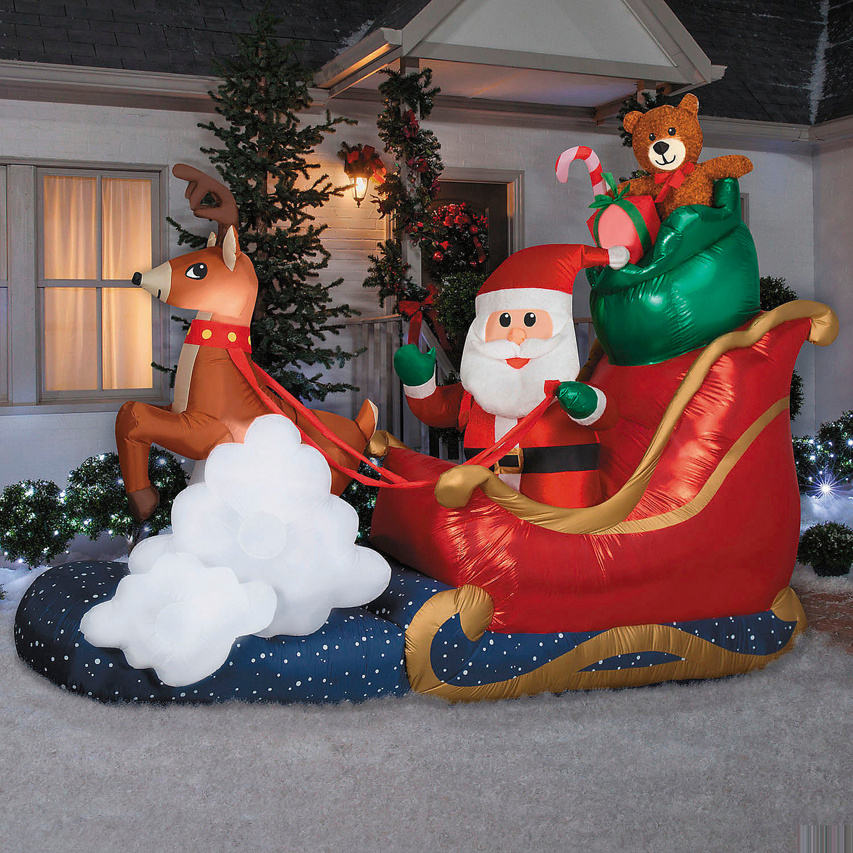 Airblown Animated Luxe Waving Santa w\/ Rocking Reindeer on a Cloud 84" Inflatable Christmas Outdoor Yard Decor