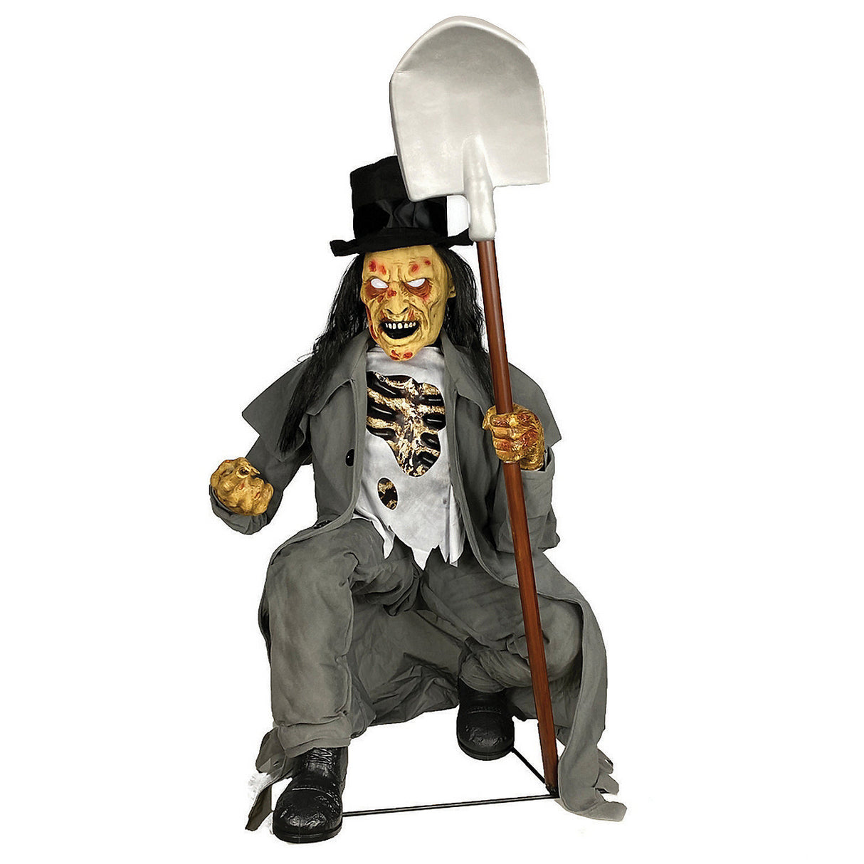 Haunting Crouching Grave Digger Animated Prop for Spooky Halloween Decorations and Graveyard Themes