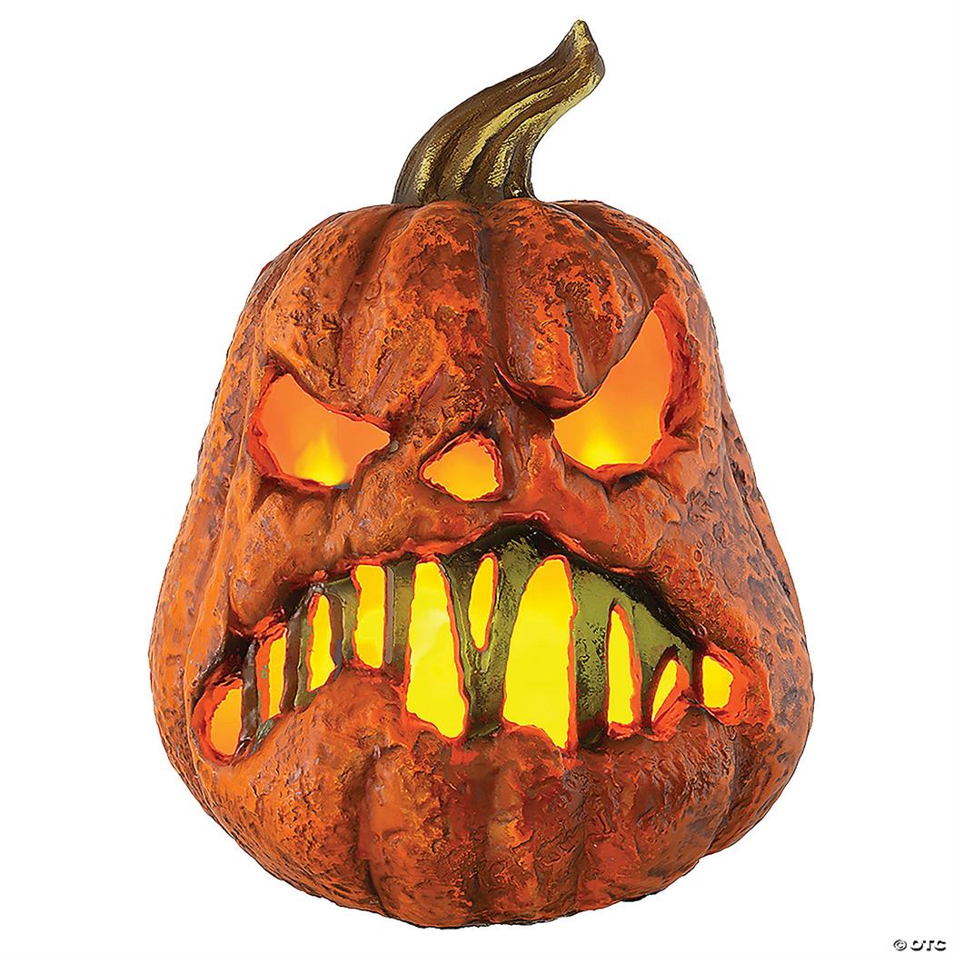 Eerie 8 Inch Rotten Flaming Pumpkin Decoration for Halloween Parties and Spooky Events