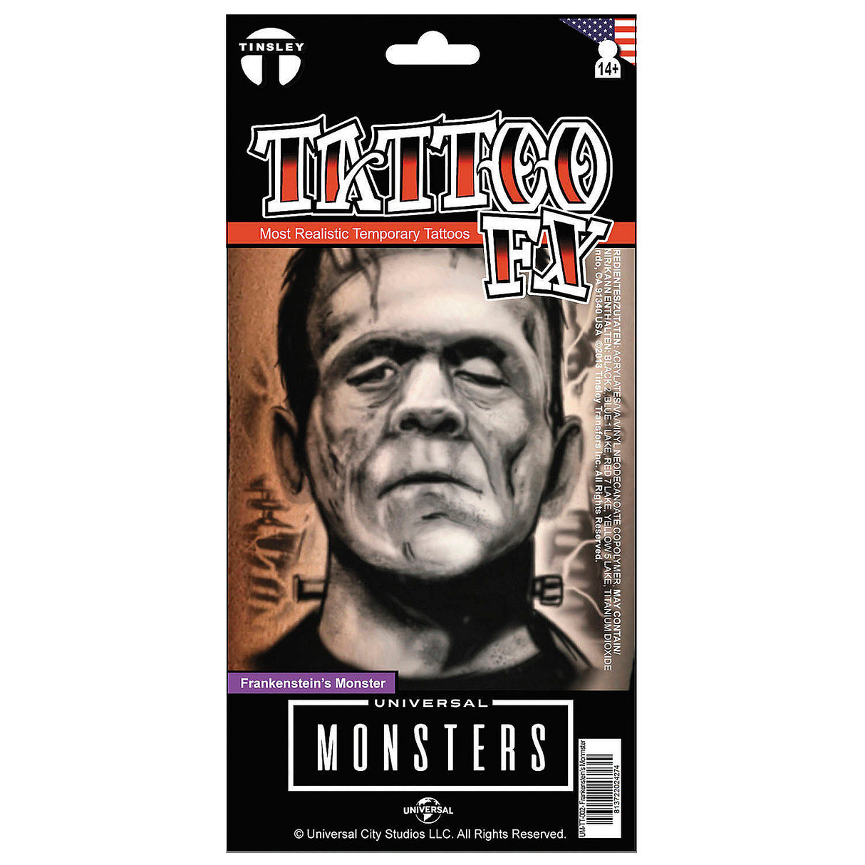 Authentic Tinsley Transfers Frankenstein Monster Temporary Tattoo for Halloween Costume Accessories and Themed Events