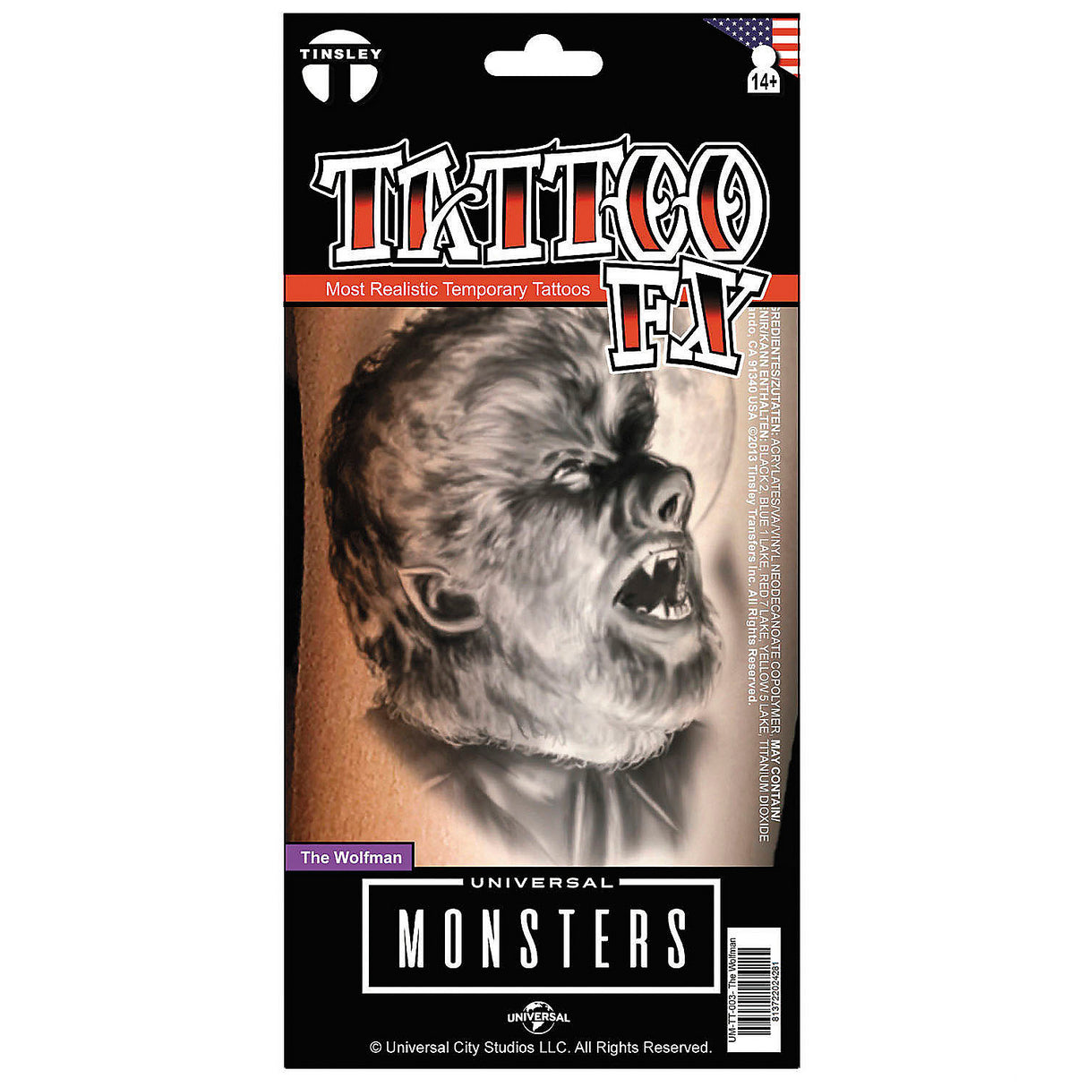 Universal Monsters The Wolfman Temporary Tattoo for Halloween Accessories Costume and Themed Events