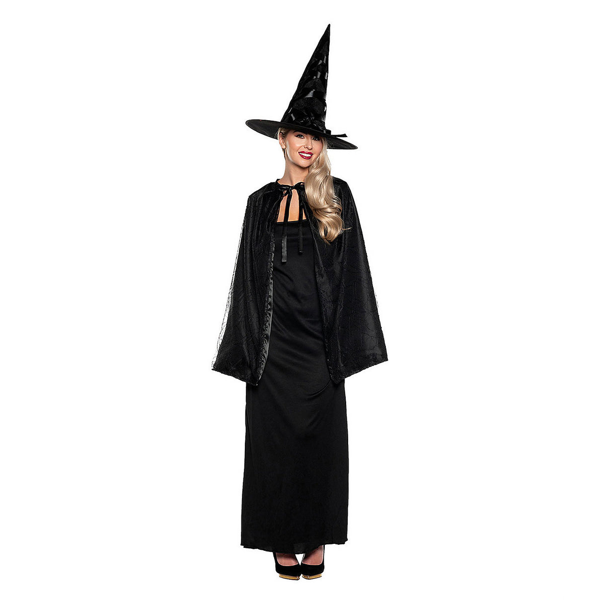 Premium Adult Black Witch Cape and Hat Costume for Halloween Parties and Theatrical Performances