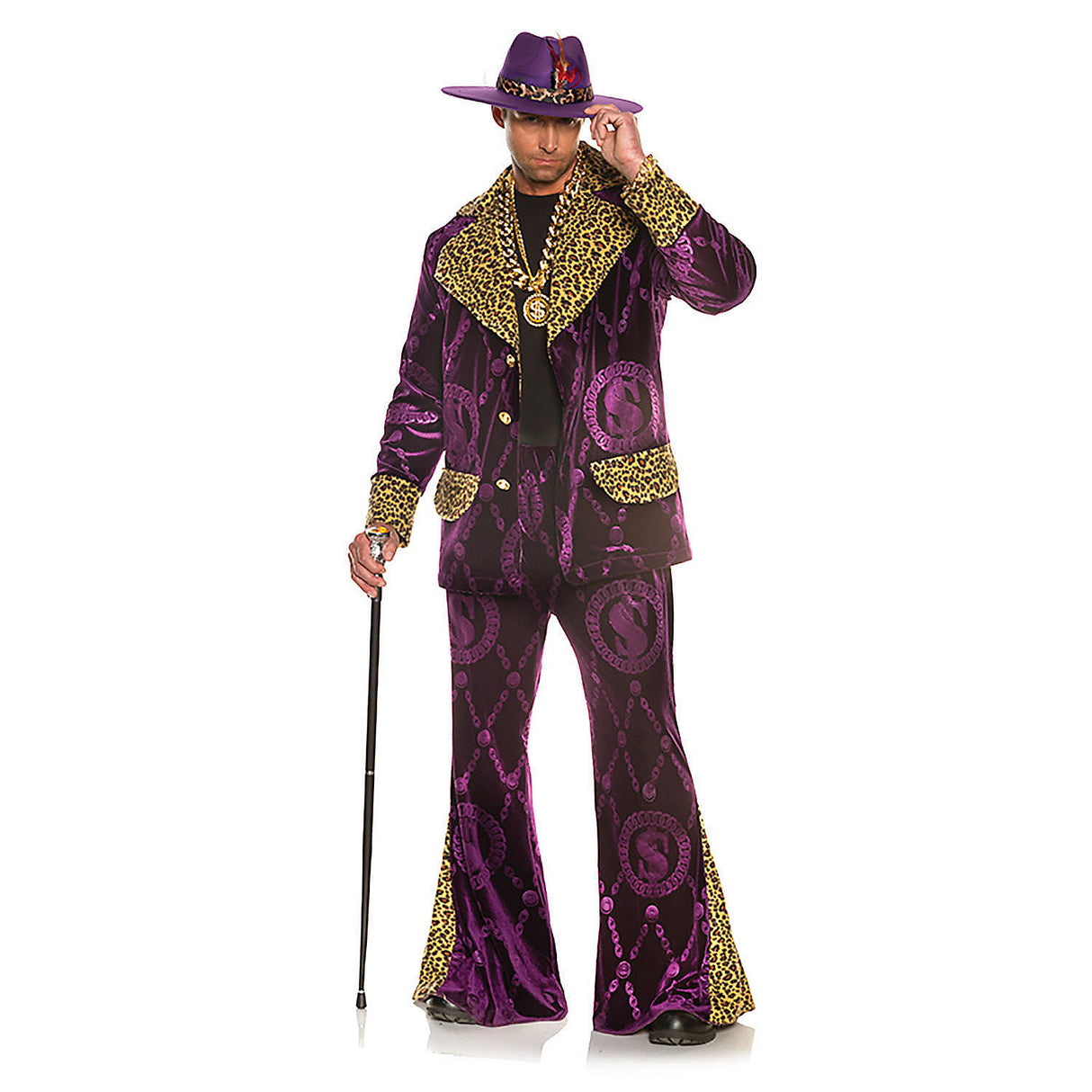 Stylish Velvet Fur-Trimmed Jacket with Bell Bottom Pants and Hat for Halloween Parties and Themed Events