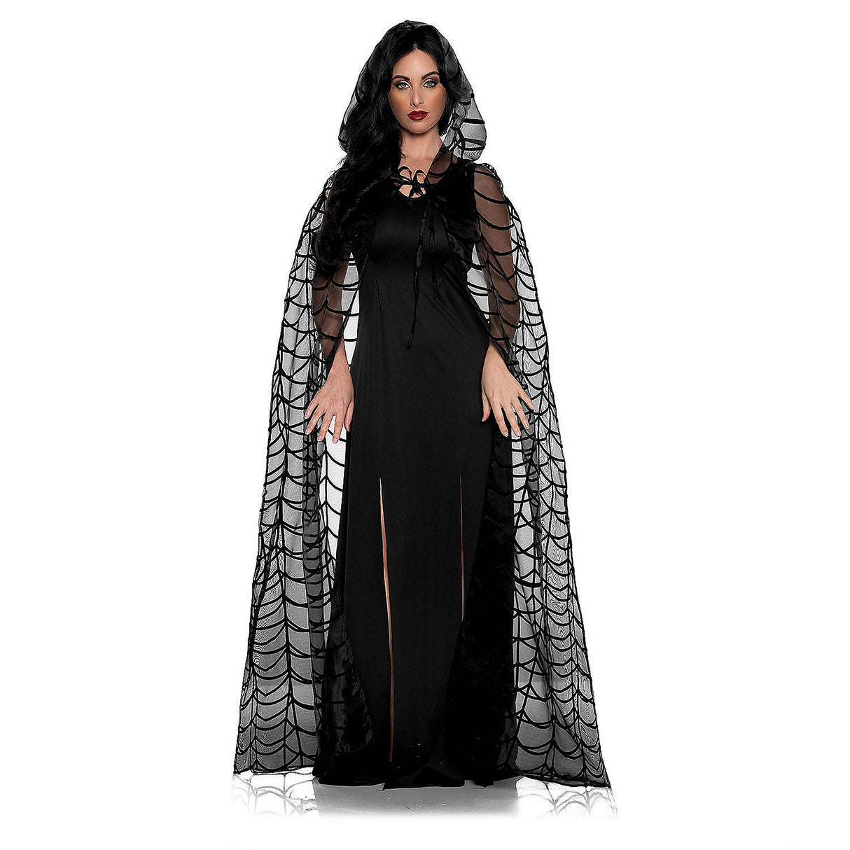 Elegant Black Spider Web Hooded Cape for Halloween Costume Parties and Spooky Events