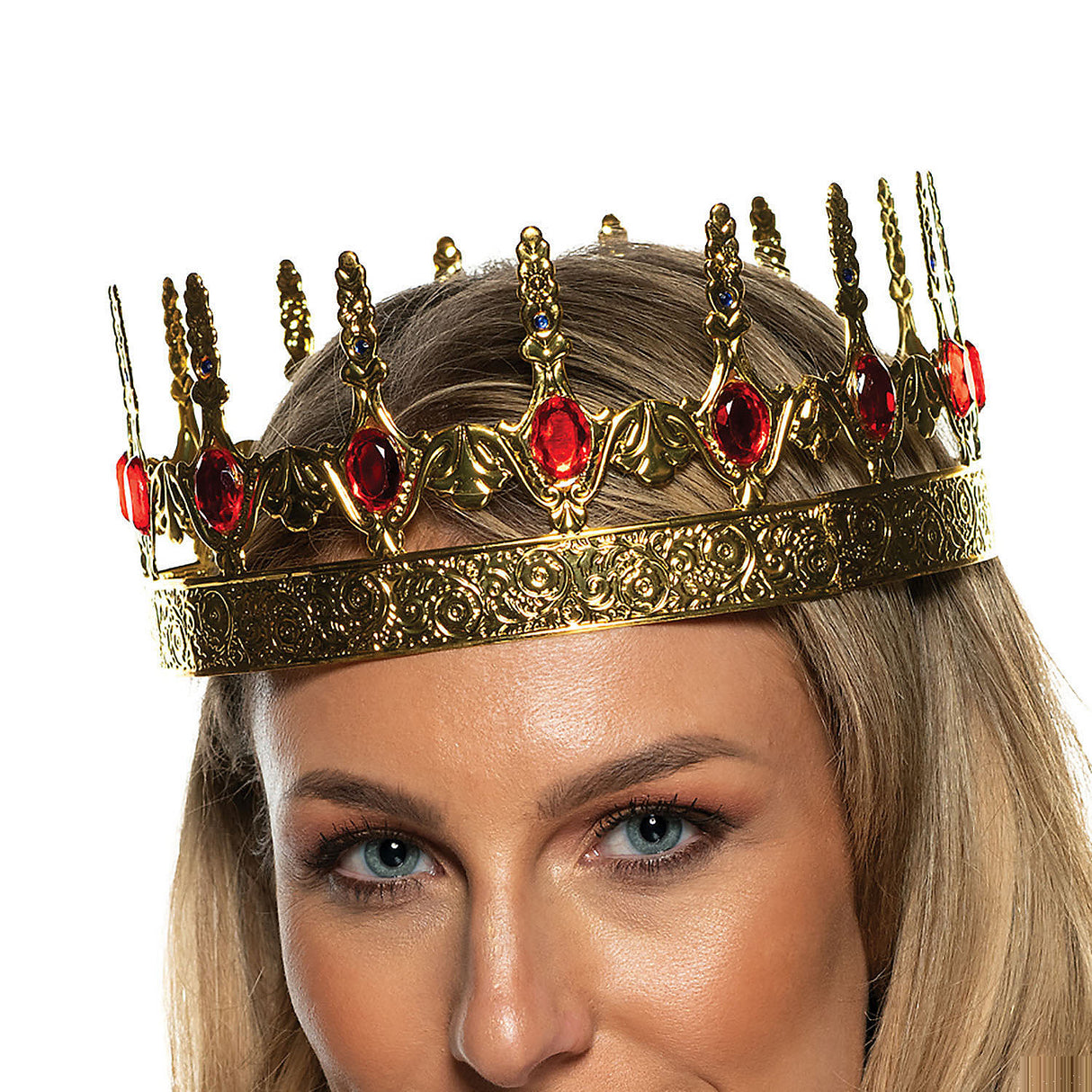 Elegant Adults Gold Plastic Crown with Red Gemstones for Halloween Costume Parties and Themed Celebrations