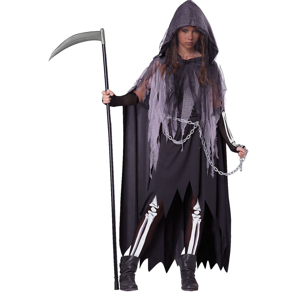 Miss Reaper Girls Halloween Costume Dress Set with Cape Hood and Accessories