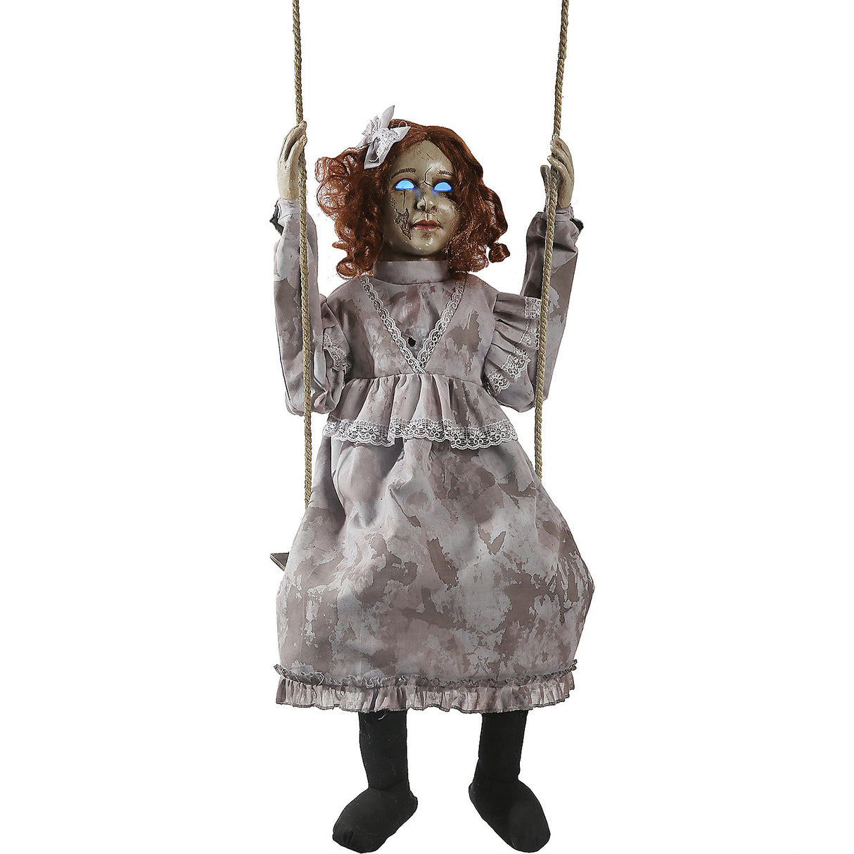 Creepy Animated Swinging Decrepit Doll for Halloween Haunted House Decor and Spooky Parties