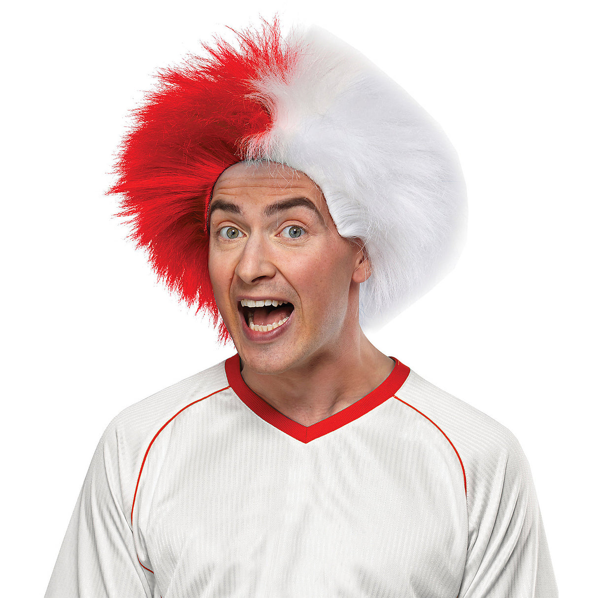 Support Your Team with Red And Opaque White Sports Wig for Game Day Events and Party Celebrations