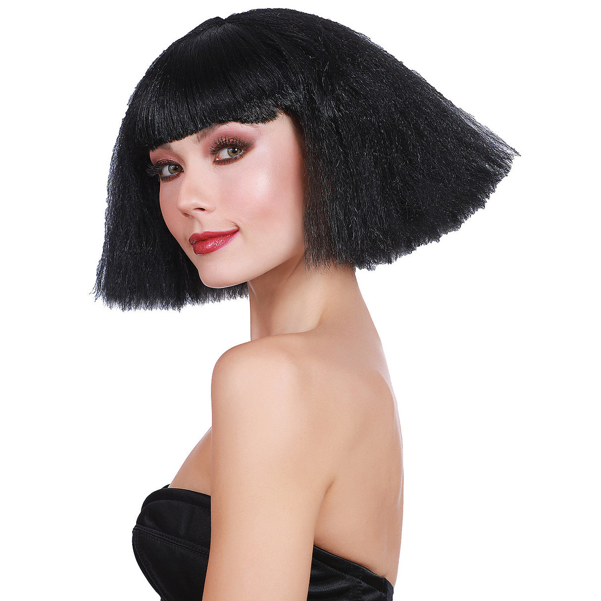 Versatile Crimped Wedge Bob Black Wig for Creative Hairstyles and Costume Enhancements