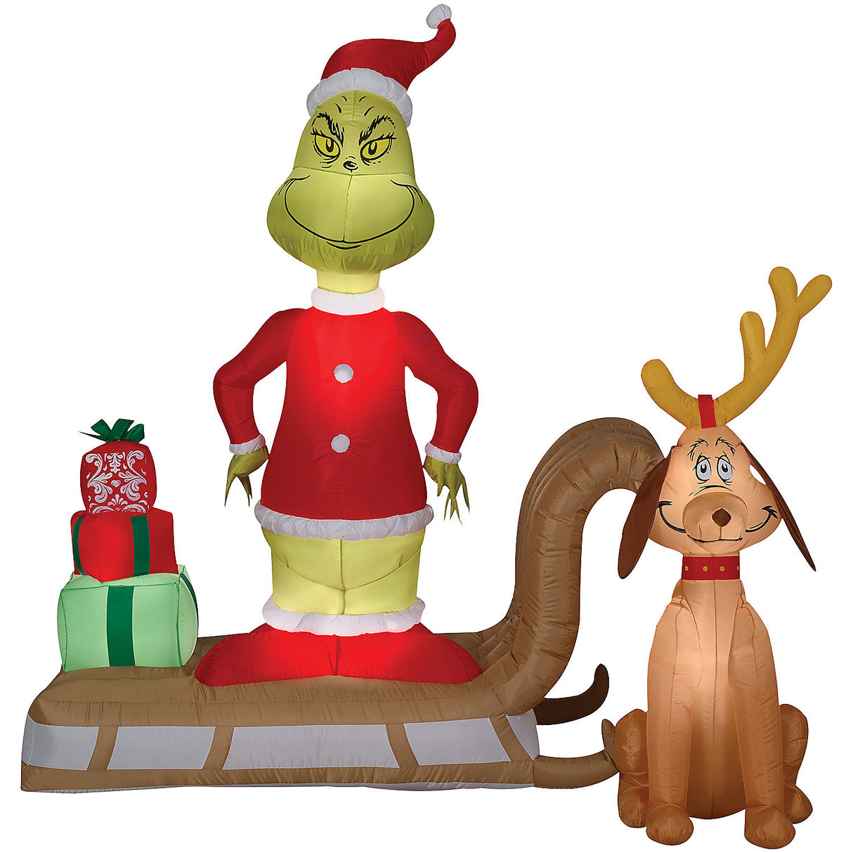 Inflatable Grinch and Max on Sled for Holiday Decor and Festive Celebrations