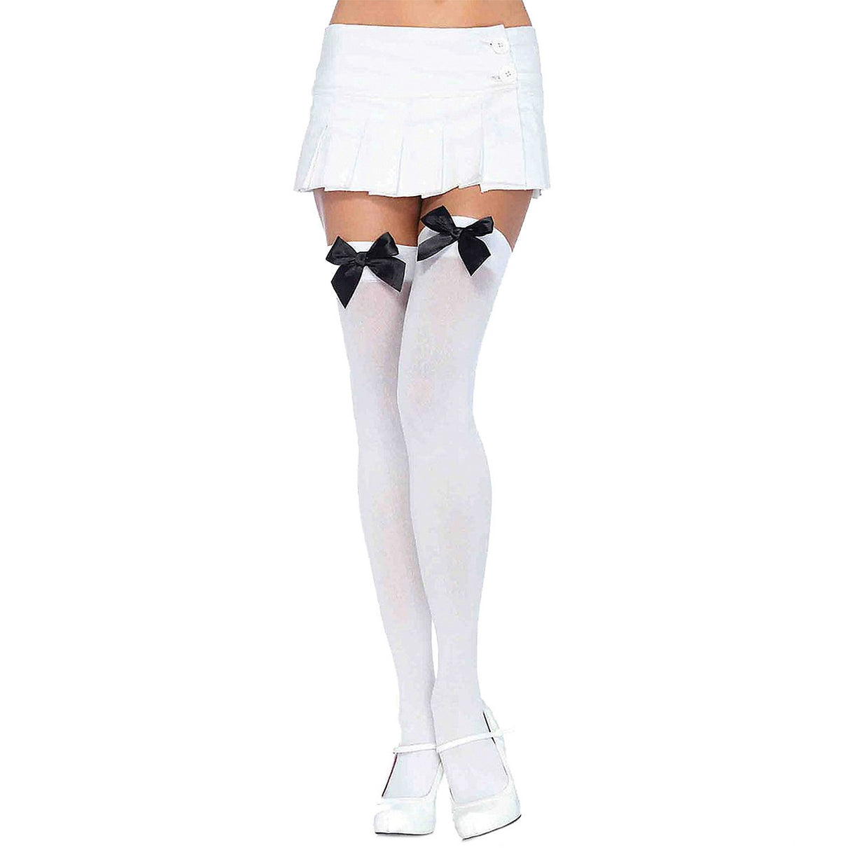 Elegant White Thigh High Stockings with Black Bows for Parties Costumes and Theatrical Performances