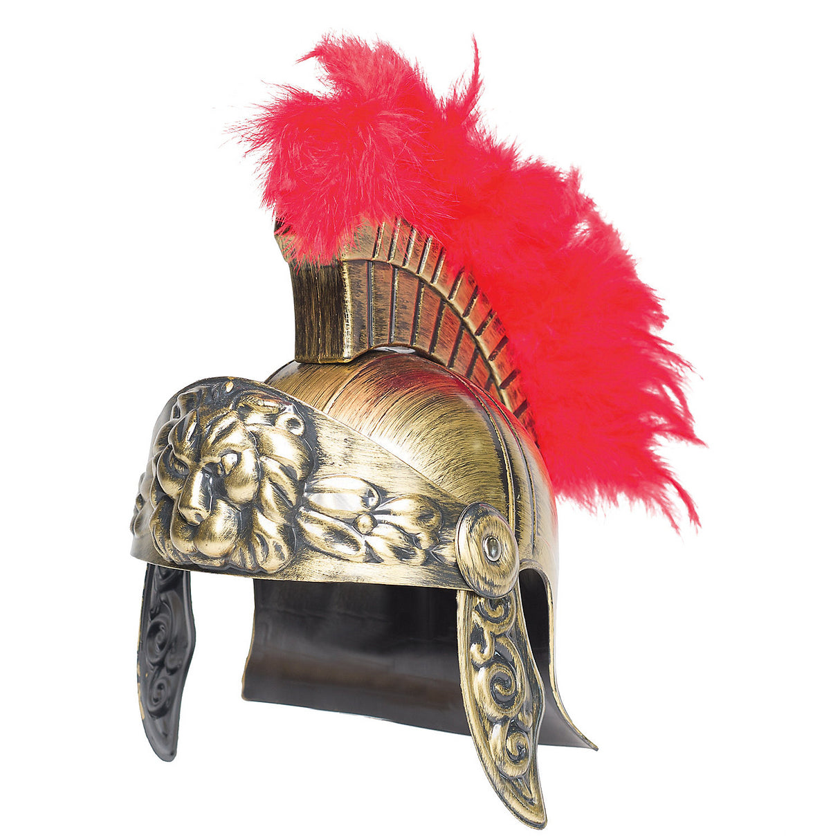 Golden Gladiator Lion Helmet with Red Plum Crest for Roman Warrior Costume Parties and Themed Events
