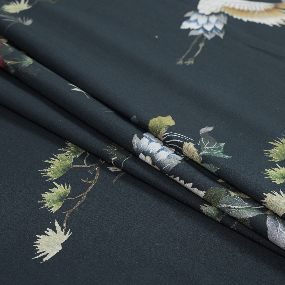 Cotton Voile - Black and Green Birds and Flowers - La Grande Tournee Print - Mood Exclusive Jacques Collection