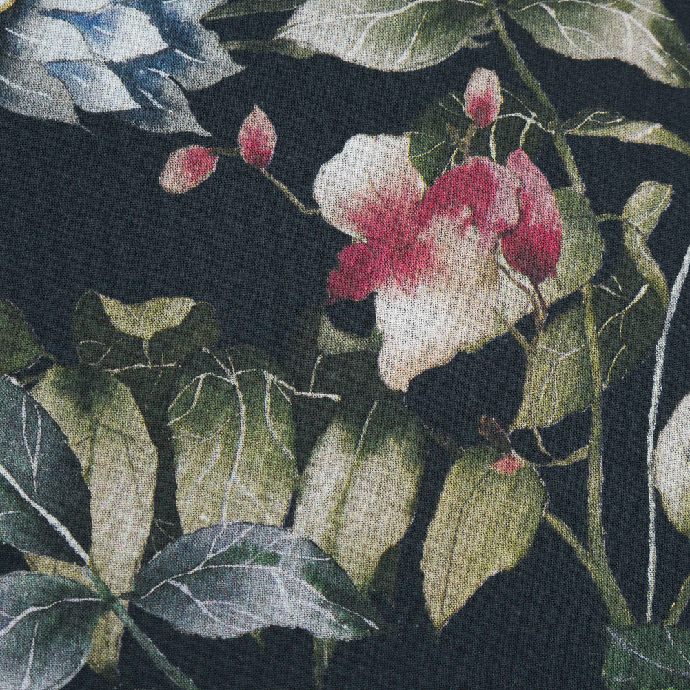 Cotton Voile - Black and Green Birds and Flowers - La Grande Tournee Print - Mood Exclusive Jacques Collection