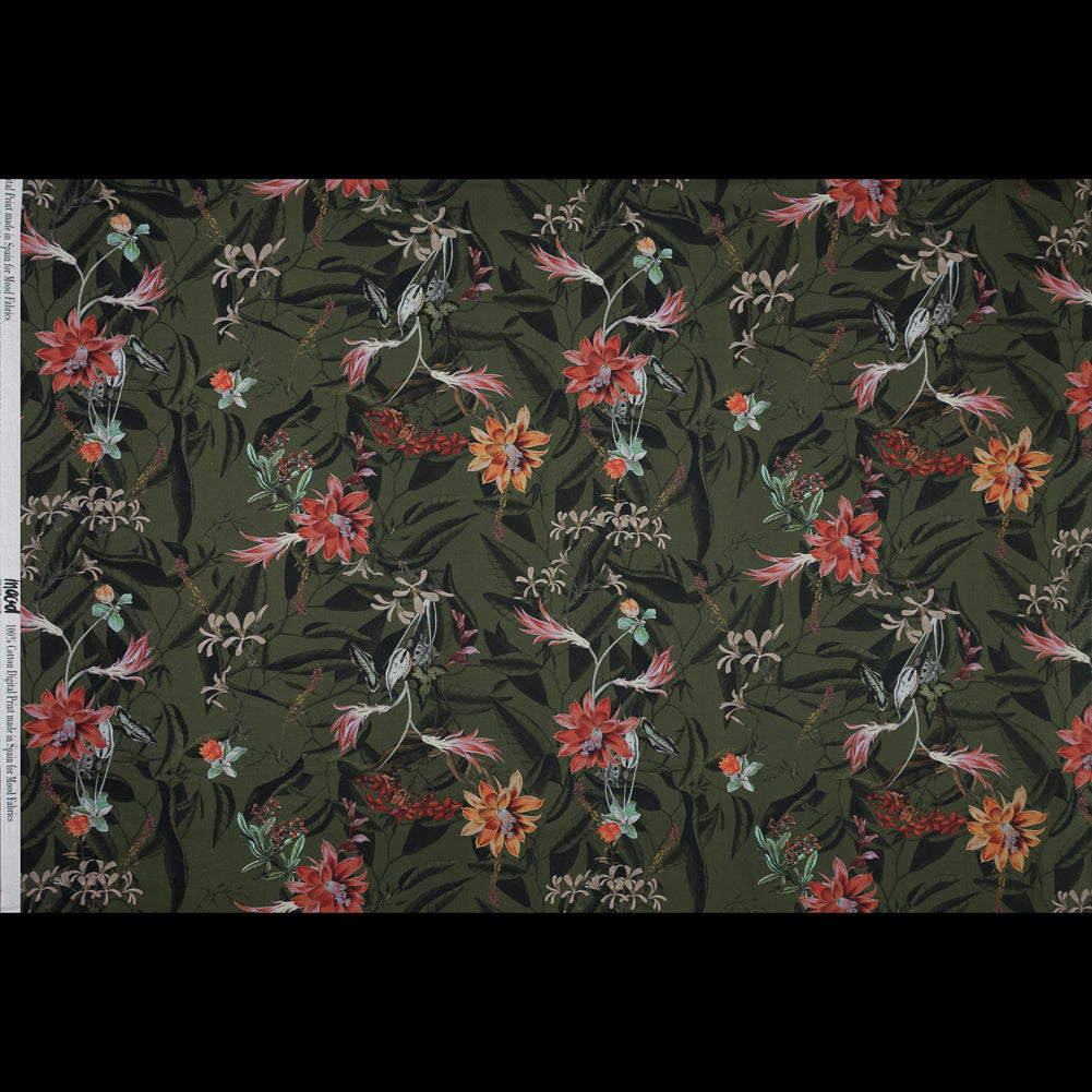Cotton Voile - Olive Green Flowers and Leaves - Les Tropiques Print - Mood Exclusive Jacques Collection
